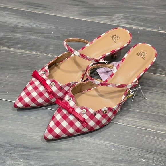 Wild Fable Lysandra Kitten Heels Sandals Red White Gingham Eyelet Pointed Toe - Picture 4 of 14